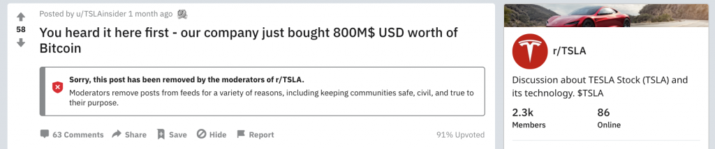 Reddit Post Reporting Tesla's Bitcoin Purchase From a Month Ago Was a Hoax